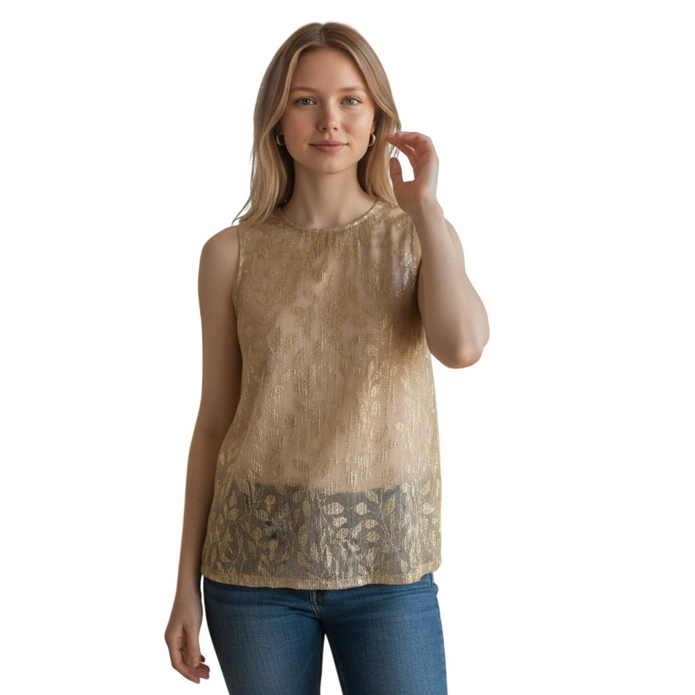 Vince Camuto Twinkle & Glow Gold Metallic Leaf Sleeveless Top XS 91624670